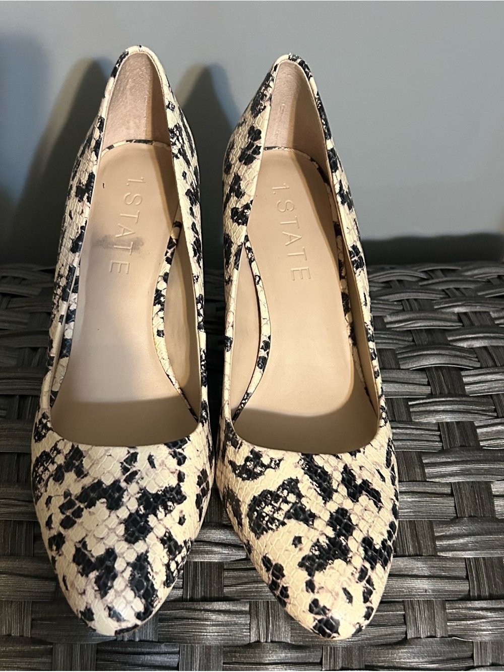 1. State Black and Cream Snake-Print Pointed Toe Pumps
